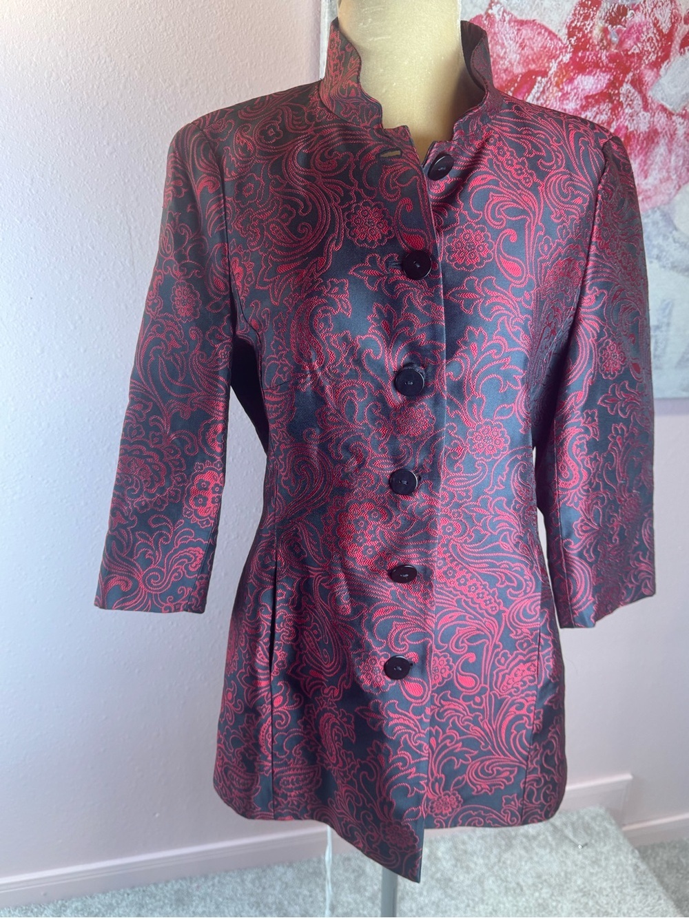 Nina Mclemore 100% Silk Red and Black Brocade Jacket